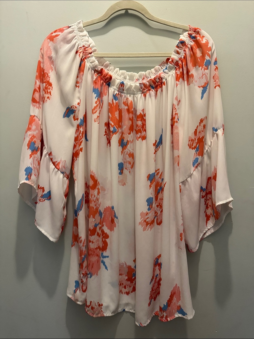 Violet & Claire White Off-Shoulder Tunic with Coral and Blue Floral Print